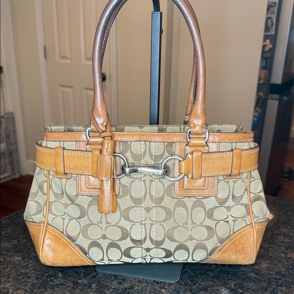 Vintage Coach Tan and Brown Hamptons Small Signature Satchel